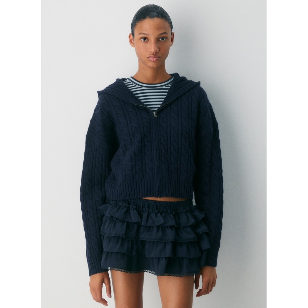 Aritzia Sunday Best Octavia Navy Blue Cable Knit Zip Cropped Hoodie Sweater XS
